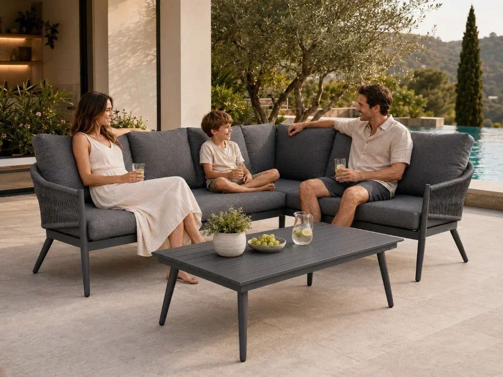 מערכת ישיבה פינתית יוקרתית מאלומיניום אפור כהה בשילוב קליעת חבלים מעוצבת וכריות תואמות דגם HEVEN - ג
