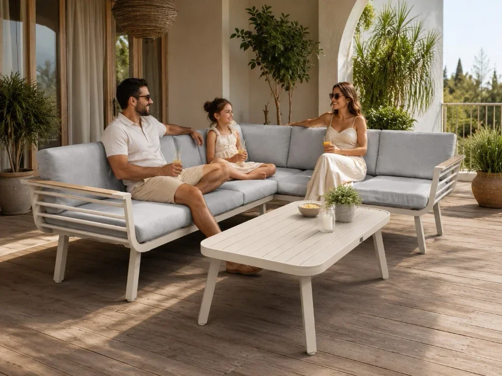 מערכת ישיבה פינתית אלומיניום דגם טינה עם ידיות פוליווד Gardini - עיצוב יוקרתי